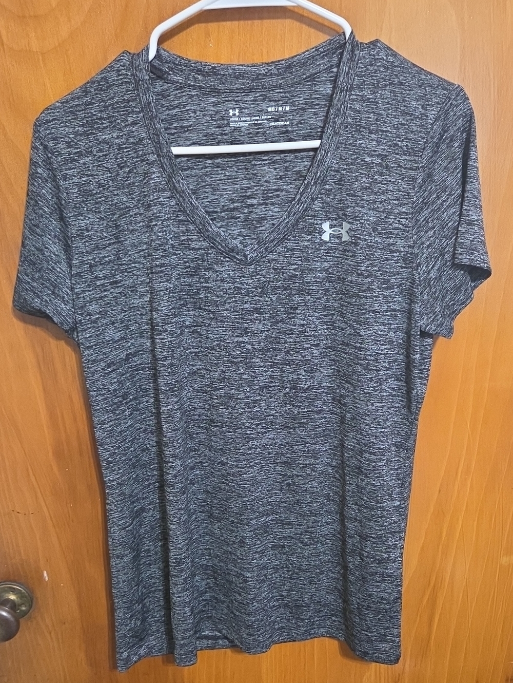 Medium- Under Armour Women's Heathered Black V-Neck Short Sleeve Tee